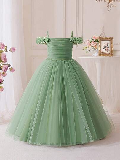 Tween Girls Long Floral Mesh Camisole Elegant Piano Recital Formal Dress, Suitable For Formal Occasions, Banquets, Graduation Ceremonies, Prom, Does Not Include Headband