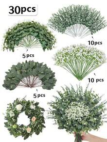 30/60片人造尤加利叶茎，仿真绿植，适用于婚礼花束、花环、花瓶插花、家居装饰、卧室装饰、花园装饰 - 綠色1 - 查看 7