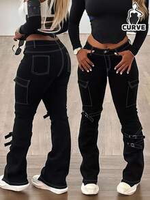 Plus-Size Women's High-Waist Jeans, Featuring Prominent Stitched Pockets And Metal Button Loops At The Hem, Cinching The Waist And Lifting The Hips; Plus-Size Women's High-Waist Cargo Pants; Street-Style Plus-Size Women's High-Waist Flare Pants. - màu đen - Xem 6