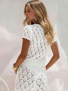 2pcs/Set Women's Crochet Hollow Out Sexy Sleeveless Knit Cardigan + Shorts, Summer Vacation Outfit - Women's 2pcs Vacation Set, Crochet Hollow Out Club Sexy Fitted Suit - White - View 8
