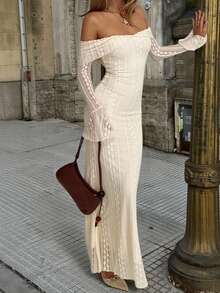 Women's Summer New Elastic Lace Cream Almond Off Shoulder Long Sleeve Bodycon Fishtail Sexy Elegant Dress - Apricot - View 1
