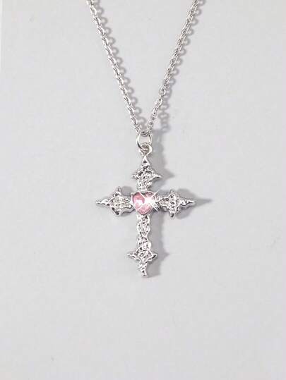 1件哥特甜美朋克Y2K风格十字架项链，镶嵌闪亮爱心装饰，不锈钢链，适合女性日常佩戴和约会，完美配饰