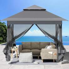 3.3x3.3 M Gazebo With 4 Mosquito Net Side Panels, One-Push Folding Gazebo, Waterproof And Stable, Double-Roof Party Tent With UV Protection 50+, Garden Gazebo With 4 Sandbags, For Patio/Market/Camping - C Gray - Xem 6