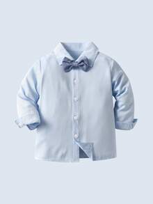 BOARNSEORL 3pcs Young Boys Gentleman Outfit Set: Long Sleeve Shirt With Bow Tie, Blue Vest, And Blue Pants, Fashionable And Stylish For Birthday Party, Wedding, Anniversary Celebration - Blue - View 8