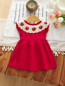 Baby Girl Solid Color Dress With Red & White Plaid Bow And Strawberry Crochet Collar - Red - View 2