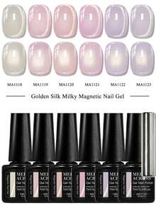 MEET ACROSS 6pcs Golden Silk Milky Cat Eye Gel Nail Polish Set With Magnet Stick, 7ml Nude Pink Gold Light Jelly Glass Beads Effect Cat Magnetic Gel Polish , Semi Permanent Soak Off UV Gel Varnish For Summer Nails, Manicure Nail Art DIY For Home And Salon Nail Supplies - 彩色 - 查看 12