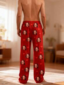 Individuelle Foto-Pyjamahose - Personalisierte Haustier-Pyjamahose für Herren und Damen - Paar-Gesicht-Pyjama Geschenk für Ehemann. Perfektes Geschenk für Ehemann/Ehefrau zur Hochzeit - Rot - Übersicht 2