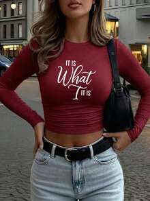 女士 Y2K 优雅百搭“IT IS What IT IS”印花圆领长袖褶皱修身T恤，适合夏季和秋冬季节 | Hottie | Y2K 可爱女孩修身酒红色上衣 | 春季时尚，简约风格 - 酒紅色 - 查看 3