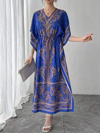 1 chiếc đầm maxi kiểu Ả Rập Trung Đông dành cho nữ, in họa tiết màu xanh dương, cổ chữ V rộng rãi, chất liệu cao cấp thoáng khí, kiểu dáng thường ngày, có thể mặc hai mặt, thắt eo, giúp tôn dáng, cỡ lớn, trang phục truyền thống Ả Rập, món quà hoàn hảo cho lễ hội/ngày lễ/tiệc tùng, thích hợp cho Ramadan, Eid, Năm mới.