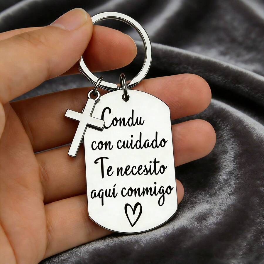 Spanish Keychain With Cross Charm, Stainless Steel Drive Key Ring For Boyfriend, Girlfriend, Husband, Wife, Valentine's Day Birthday Gift - Old Gold - View 1