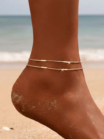 2pcs Minimalist Copper Box Chain Anklet, Suitable For Daily Wear, Beach, Holiday, Gift For Friends And Neighbors