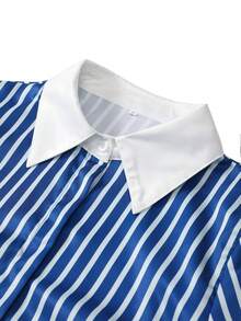 优雅舒适的通勤修身女士条纹纽扣口袋衬衫，适合办公室穿着，春季款 - 藍色 - 查看 10