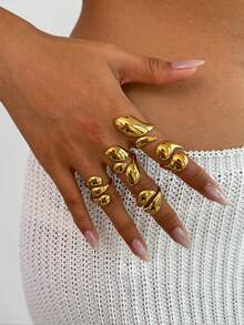 5pcs/Set Luxurious Geometric Exaggerated Water Drop Stacked Charm Metal Jewelry Ring Set, Fashionable & Elegant For Wedding, Party, Vacation, Daily Casual, Street Snap, Women & Couples Gift, Holiday Birthday - Ring - View 3