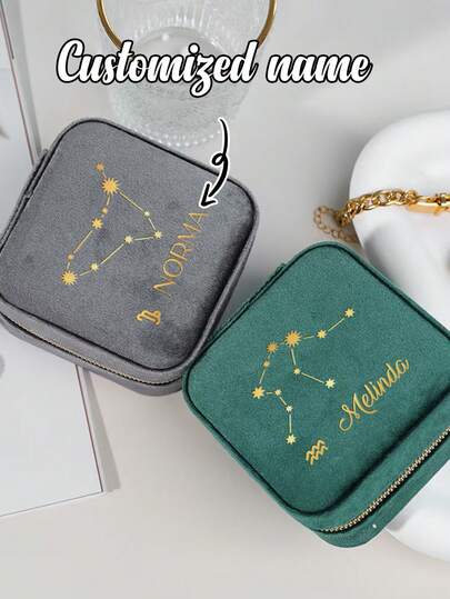 Custom Horoscope Velvet Jewelry Box, Personalized Birthday Jewelry Box, Bridesmaid Gift, Travel Jewelry Case, Constellation Jewelry Box, Plush Velvet Travel Jewelry Case, Organizer, Box, Small Case For Women, Earring Organizer With Mirror, Best Gifts For Daughter, Girlfriend, Mom, Travel Essentials, Personalized Gifts, Valentine'S Day Gifts, Ramadan Gifts