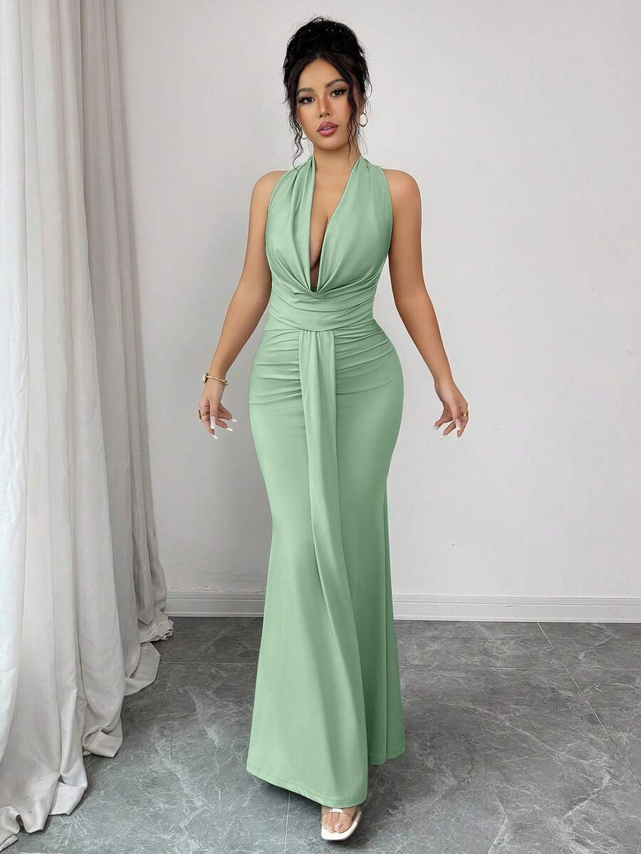 abyoxi Đầm dài dáng đuôi cá màu xanh lá cây nhạt cho nữ, kiểu cổ yếm, xoắn phía trước, xếp ly, thích hợp cho mùa xuân hè, dự tiệc hoặc thanh lịch. - Hạt đậu xanh - Xem 1