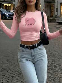 女士Y2K优雅百搭爱心印花圆领长袖褶皱修身T恤，适合夏季和秋冬季节 | 性感风格 | Y2K甜美修身粉色上衣 | 春季时尚，简约风格，顺滑面料，时尚服饰，情人节礼物，情人节休闲装 - 粉色 - 查看 4