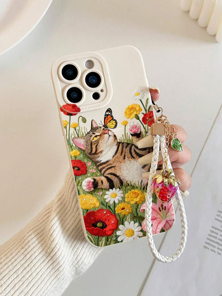 Cute Cat Painted Perforated Beige Painted With 5-Leaf Rope Simple Fashion Creative Anti-Drop Phone Case, Compatible With IPhone, Compatible With Samsung Galaxy, Compatible With Xiaomi, Compatible With - Multicolor - View 1