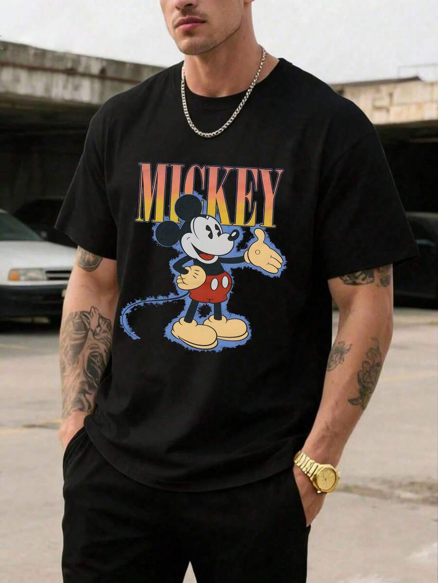 Men's Disney Casual T-Shirt, Retro Gradient Mickey Mouse Print, Vibrant Design, Comfortable Soft Fabric, Perfect For Disney Fans - 黑色 - 查看 1