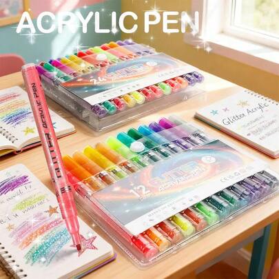 24/12 Colors Acrylic Marker Pen Set, Quick Dry Fade-Resistant Colored Markers, Suitable For Painting, Illustration, Crafts, Coloring Books, And Other DIY Projects On Paper, Fabric, Wood, Stone, Plastic, Glass, Ceramic, Pumpkin, Metal, Great For Easter, Thanksgiving, Halloween, Christmas Gifts