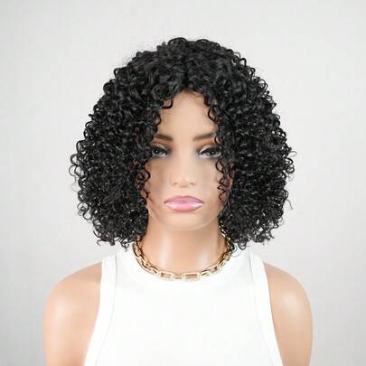 Women's Short Curly Human Hair Wig, Natural Wavy Style, Glueless Rose Net Cap, No Lace Deep Wave Wig With Bangs, Ideal For Mothers, Suitable For Daily Wear