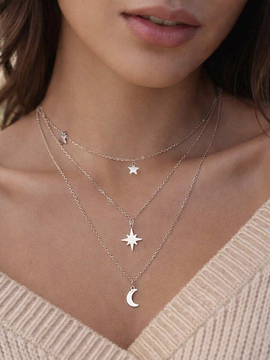 1pc Minimalist Chic Star & Moon Pendant Necklace, Silver-Tone Multi-Layer Chain Suitable For Daily, Casual, Work, Date, Holiday, Party Wear, Ramadan, Birthday Gift