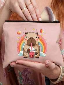 2D Cartoon Hamster Drinking Bubble Tea Retro Print Cosmetic Bag, Toiletry Bag, Travel Bag, Zipper Closure, Fashion Gift, Best Gift For Girlfriend/Sisters, Portable Makeup Pouch Makeup Bag Make Up Organizer Makeup Storage Wash Bag Toiletry Travel Bag Vacation Essentials For Travel Gifts For Women - Multicolor - View 13