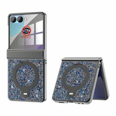 ALuoQ Luxury Rhinestone Electroplated Phone Case With Magnetic Spring Hinge Protection, Includes Anti-Peep Screen Protector, 360° Rotating Phone Stand, Supports Wireless Charging, Compatible With Samsung Z Flip 6 7 Full-Body Shockproof Protective Cover