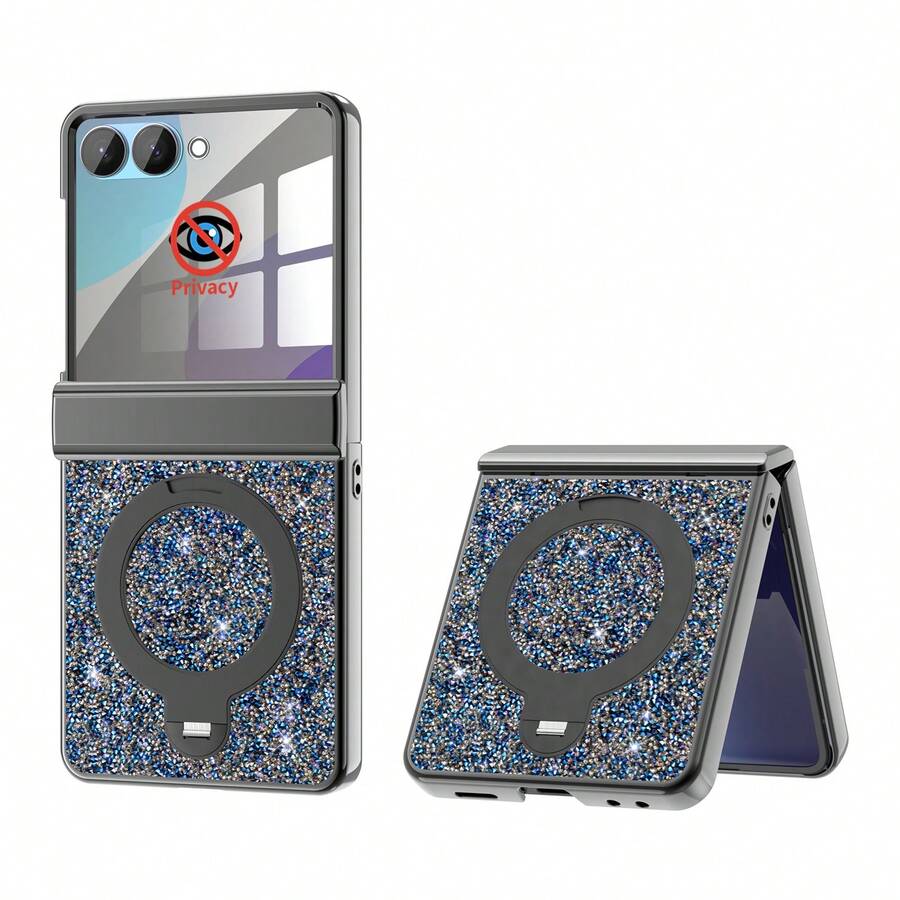 ALuoQ Luxury Rhinestone Electroplated Phone Case With Magnetic Spring Hinge Protection, Includes Anti-Peep Screen Protector, 360° Rotating Phone Stand, Supports Wireless Charging, Compatible With Samsung Z Flip 6 7 Full-Body Shockproof Protective Cover