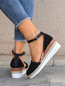 Summer New Linen Wedge Sandals For Women, Platform Thick Bottom Hollow Woven Roman Sandals With Adjustable Straps - màu đen - Xem 2