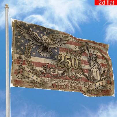 1pc 2D Vintage Distressed American Independence Day 250th Anniversary Flag Banner, Polyester, 90*150cm, Bald Eagle & Statue Of Liberty Pattern, 1776-2026 Independence Day Garden Decor, Patriotic Theme Flag
