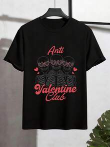 Camiseta oversize negra con estampado de Club Anti San Valentín, esqueletos con gafas de corazón, estilo urbano unisex moderno. - Negro - Ver 3