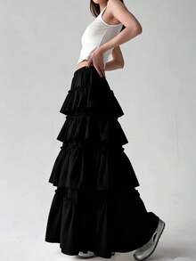 Elegant Women's White Layered Solid Color Skirt, Suitable For Spring And Summer Black - Black - View 4