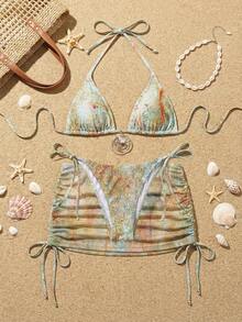 2026款三件套女士泳装：露背性感挂脖比基尼上衣、可调节侧系带三角比基尼泳裤、印花网纱纱笼裙，适合度假、户外、海滩穿着 - 淺綠色 - 查看 8