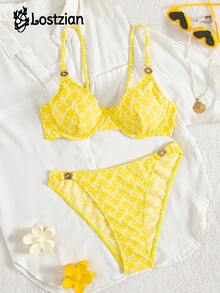 Bộ bikini gợi cảm mùa xuân/hè, áo tắm 2 mảnh thanh lịch dành cho nữ, chất liệu vải jacquard đặc biệt, màu vàng ngọt ngào với họa tiết ngôi sao, dây đeo mảnh có gọng, thích hợp cho kỳ nghỉ biển, tiệc bể bơi, ngày lễ tình nhân, lễ hội hóa trang. - Màu vàng - Xem 1