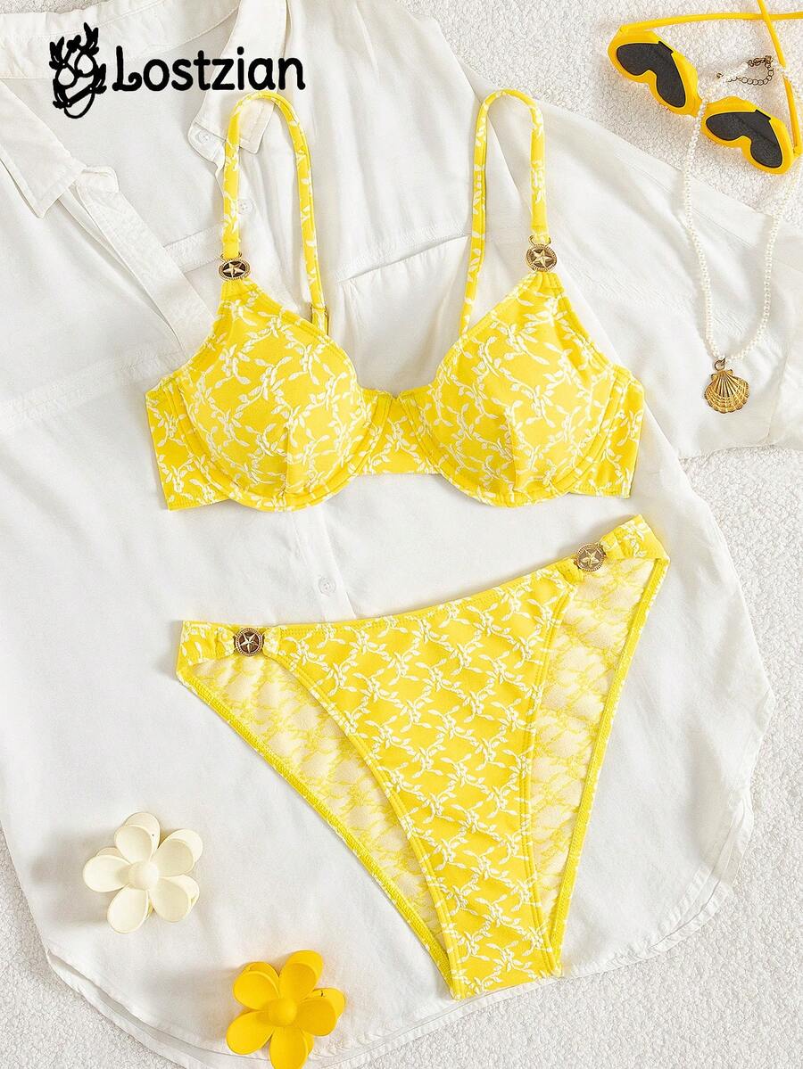 Bộ bikini gợi cảm mùa xuân/hè, áo tắm 2 mảnh thanh lịch dành cho nữ, chất liệu vải jacquard đặc biệt, màu vàng ngọt ngào với họa tiết ngôi sao, dây đeo mảnh có gọng, thích hợp cho kỳ nghỉ biển, tiệc bể bơi, ngày lễ tình nhân, lễ hội hóa trang. - Màu vàng - Xem 1