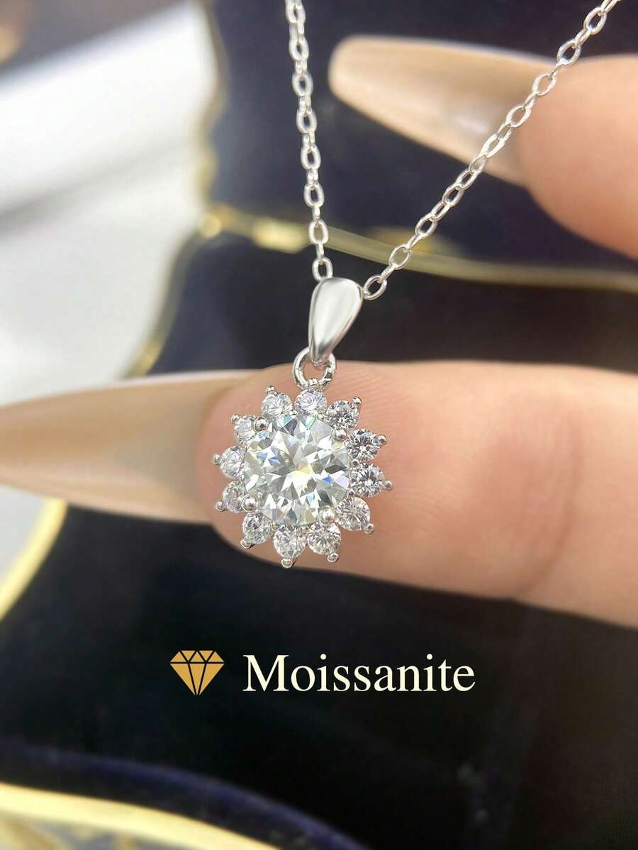 1pc Sunflower Necklace, Inlaid With 1.0-2.0 Carat Moissanite Rhinestones, 925 Sterling Silver Material, Suitable For Weddings, Engagements, Anniversaries, Luxury Jewelry Gift - Silver - View 1