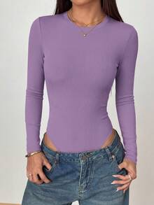 Women Spring Bodysuits For Long Sleeve Shirts Fitted Basic Ribbed Layering Bodys Tops Fall Fashion Winter Clothes Purple Vacation Rompers Outfits For Women - Purple - View 5
