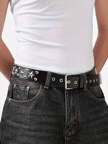 1件男女通用铆钉腰带，金属方珠金字塔腰带，欧美朋克风格配饰 - 黑色 - 查看 10