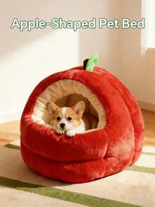 苹果形加厚柔软保暖宠物床，带垫子，宽敞的猫狗屋，红色 - 紅色 - 查看 12