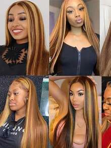 Eulisi 高光 Omeber 5*5 蕾丝前假发,真人发 P4/27 蜜金色蕾丝前假发,真人发 5x5 闭合式假发,真人发假发,适合,直发无胶假发,真人发预先拔毛,24 英寸 - SP4/24 - 查看 11