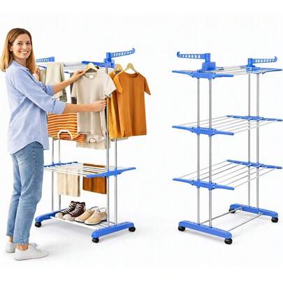 USCĂTOR DE RUFE MARE XXL PENTRU HAINE ȘI LENJERIE INTIMĂ, PLIABIL, NEGRU și albastru, balcon, spălătorie, vertical independent 'Suport de uscare a hainelor, Suport de uscare a hainelor pliabil din oțel inoxidabil, Suport de uscare a hainelor mobil, cu 4 roți, Tije de uscare a hainelor, Haine, Suport de uscare' 4 niveluri, pe roți, reglare a lățimii, aripi pliabile, suport de uscare a hainelor, suport pentru umerașe.