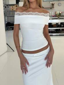 精致单肩蕾丝边露脐上衣，修身别致法式约会衬衫 - 白色 - 查看 2