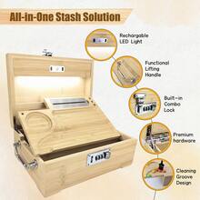 Upgraded Premium Large Bamboo Box With LED Light - Locking Storage Decorative Box With Combination Lock - Wood Kit With Lid - Wooden Locking Storage With Removable Tray And Jars- Natural Wood - Natural Wood - 查看 4