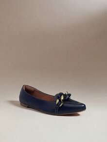 Michelle Navy Blue Pointed Toe Moccasin Shoes | Color Chain In The Middle – Comfortable, Casual - 藏蓝色 - 查看 3