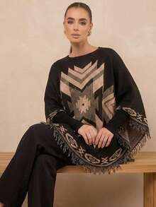 Luxury Women's Knitted Poncho With Long Sleeves, Scarf, Autumn And Winter Style. - Màu be - Xem 4