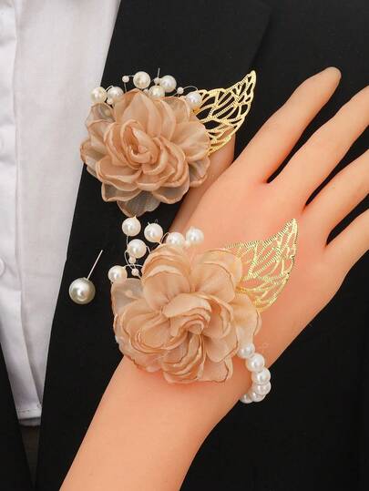 1pc Chest Flower + 1pc Wrist Flower Unisex Design, Elegant Camellia Chest Flower With Golden Leaf & Bead Decor Wrist Flower, Faux Flower Boutonniere For Groom, Bride, Groomsman, Bridesmaid, Wedding, Party, Daily Wear, Dance