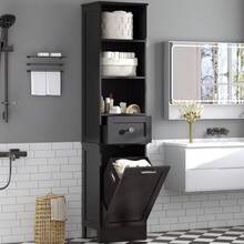 Tall Slim Bathroom Storage Cabinet With Removable Laundry Basket: 4-Shelf Freestanding Organizer + Waterproof Acrylic Door | Ideal For Bathroom/Laundry Room - 黑色 - 查看 7