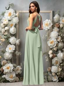 Volly Toych 鼠尾草绿优雅A字褶皱雪纺正式伴娘礼服、婚礼宾客礼服、度假礼服 - 青瓷色 - 查看 4