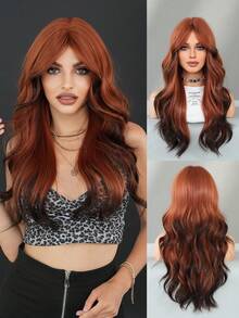 7JHH WIGS 渐变姜橙色长款波浪假发，中分卷发，带刘海，天然耐热合成纤维，适合音乐节派对、万圣节角色扮演等场合，26英寸 - 薑色 - 查看 2