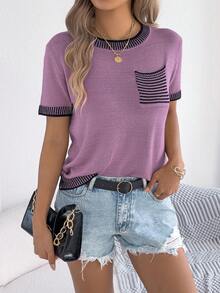 Women's Summer Color Block Striped Knit Top Short Sleeve Round Neck Pocket Beach Vacation Pullover - 紫色 - 查看 5